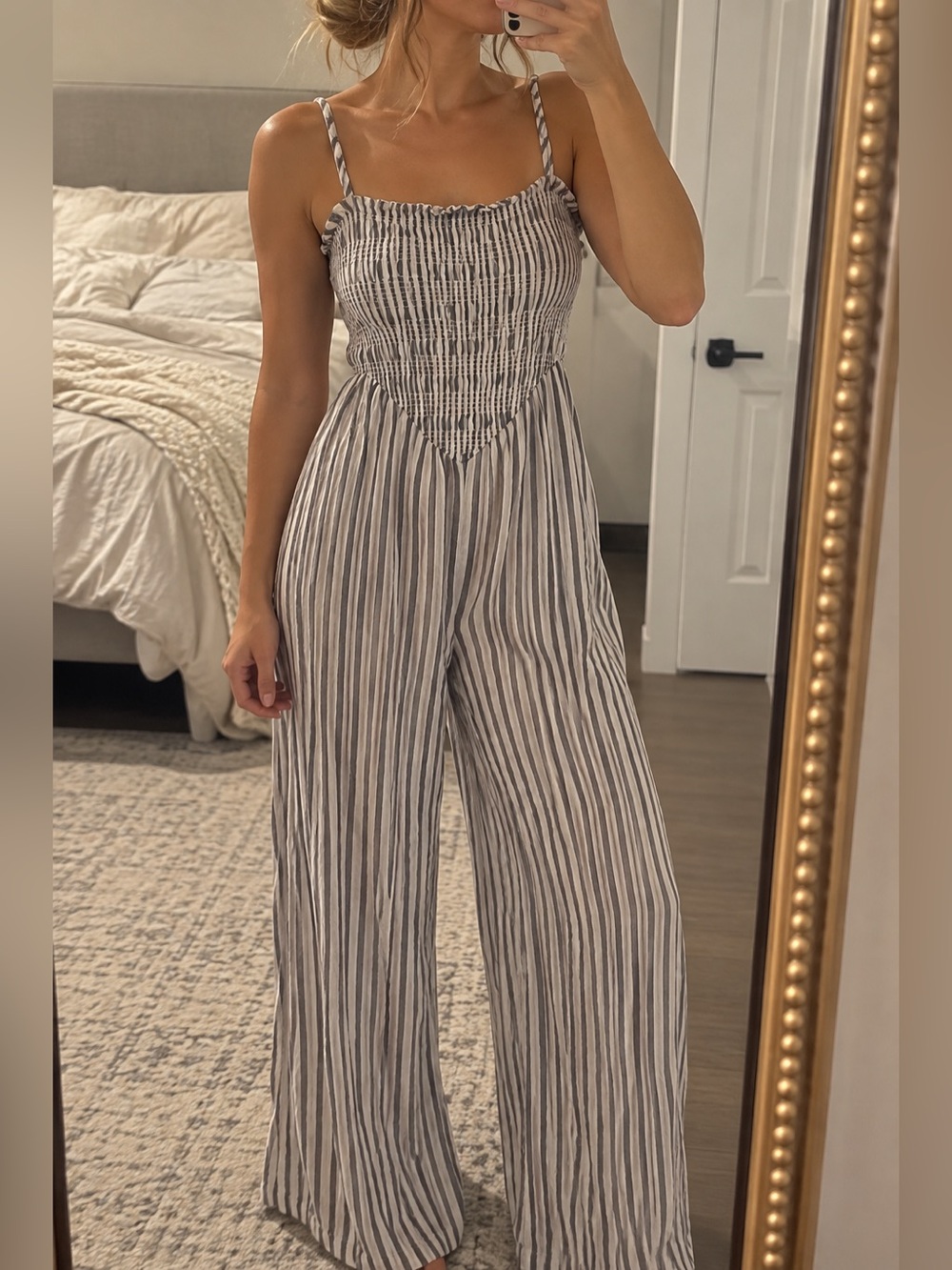 American Eagle Outfitters Striped Smocked Wide-Leg Jumpsuit - Removable Straps